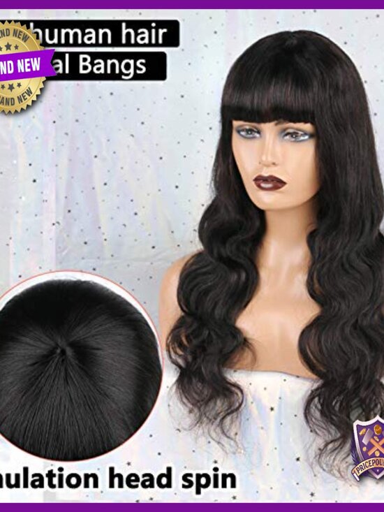 20 Inch Brazilian Body Wave Human Hair Wig with Fringe, Virgin Hair